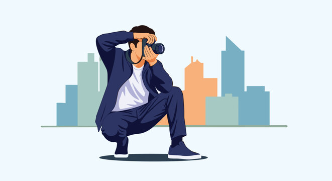Man wearing a blue jacket kneels down to capture a low angle photograph with his camera in a stylized city landscape illustration.