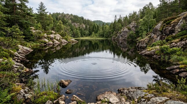 A tranquil lake reflects the surrounding forest and sky. Ripples emanate from a small stone dropped into the water.