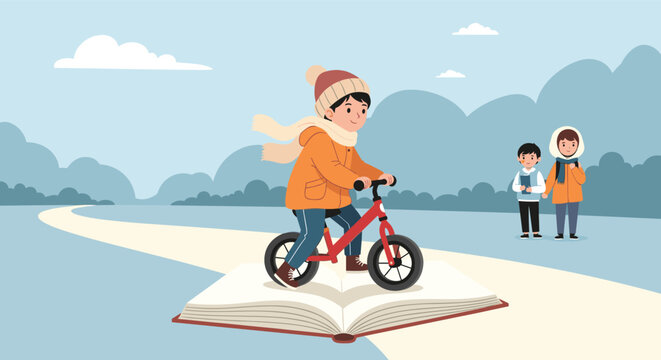 Imaginative scene of a young boy riding his bicycle on a path that emerges from a giant open book in a vast mountainous landscape.