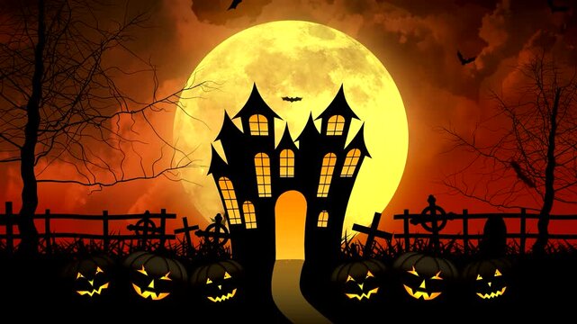 Spooky halloween background with haunted house silhouette, glowing jackolanterns, graveyard crosses, and bats flying in front of a giant full moon