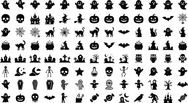 Mega Halloween black silhouette vector icon set featuring ghosts pumpkins witches cats skulls bats graves and spooky elements isolated on white background