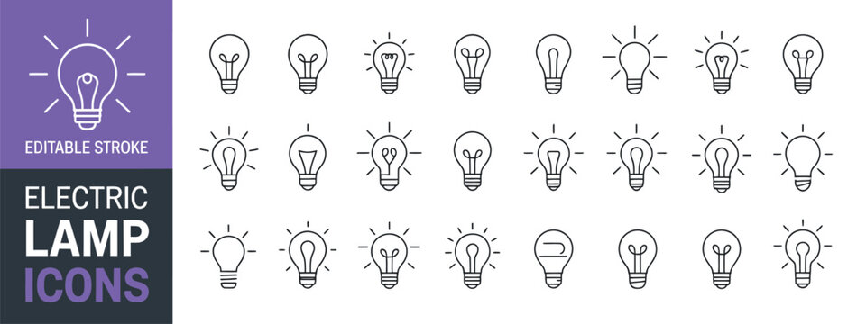 Light bulb icon set, electric lamp symbols with innovation idea solution and creative thinking editable stroke vector illustration