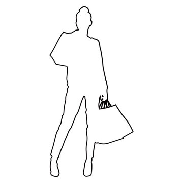 Line Drawing of a Woman Shopping.