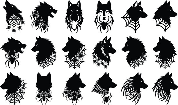 Halloween icon collection black silhouette wolf spider web designs for spooky graphics