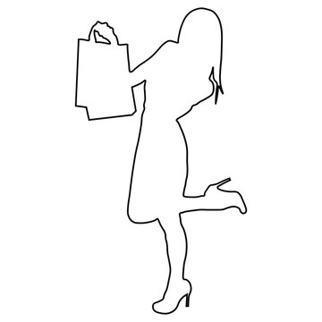 Line Drawing of a Woman Shopping.