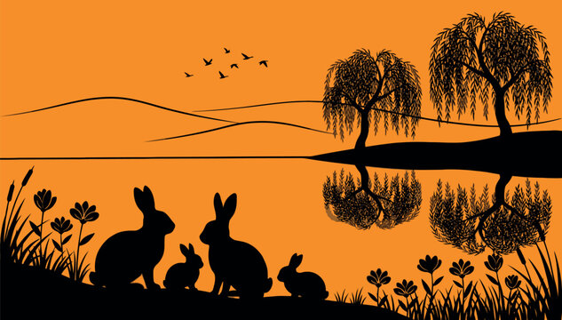 Sunset Nature Landscape Vector Illustration Featuring Silhouettes of a Rabbit Family, Willow Trees Reflected in Calm Water, Flying Birds, and Wildflowers Against a Vibrant Orange Sky.