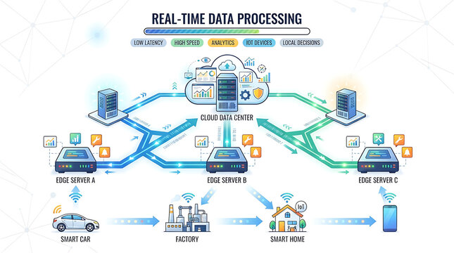 Infographic illustration showing real-time data processing architecture with edge servers and cloud computing connectivity.