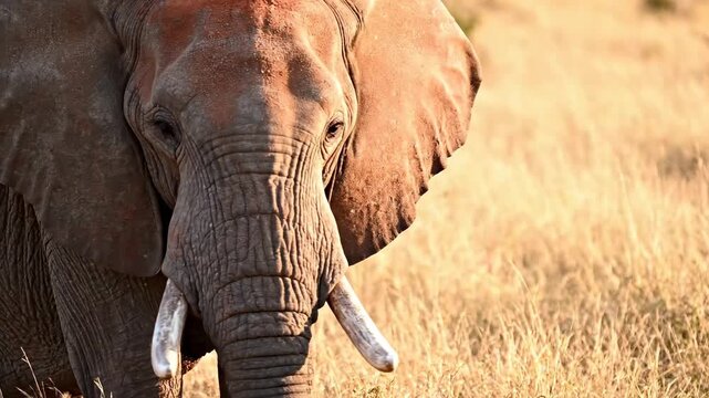 A majestic African elephant with large tusks wanders through the golden savanna grasses during the heat of the afternoon sun while exploring the vast wild plains of the beautiful Kenyan