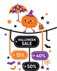 Naklejka premium Halloween sale pumpkin tightrope walker with umbrella and rope discount tags for autumn promotion banner