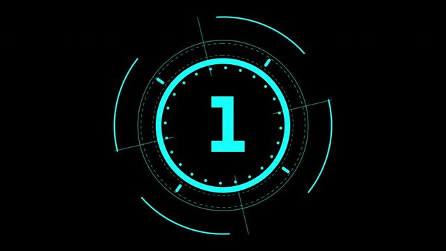 5 second countdown glitch clock screen graphic element suitable for tech presentations, website banners, and social media posts. Neon circular interface style number one.