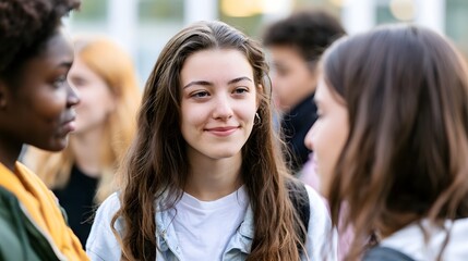 Fototapeta premium Young women engaged in conversation outdoors smiling warmly while interacting in a casual social setting