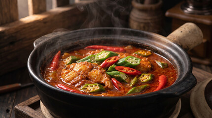 Fototapeta premium Spicy Fish Stew in Clay Pot: A hearty and flavorful fish stew, brimming with tender chunks of fish, spicy chilies, and okra, simmers invitingly in a rustic clay pot.