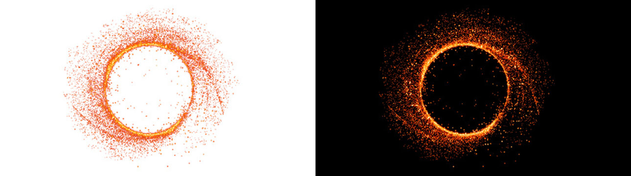 Orange fire glitter circle ring glows brightly forming a sparkling particle portal frame featuring PNG, Transparent and Black Background Versions for design