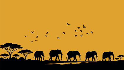 African savanna sunset vector illustration featuring silhouettes of an elephant family migrating past acacia trees with a flock of birds in a glowing orange sky background. © Sadek