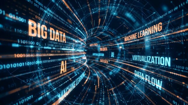 Digital tunnel with text labels for big data machine learning and artificial intelligence analysis flow