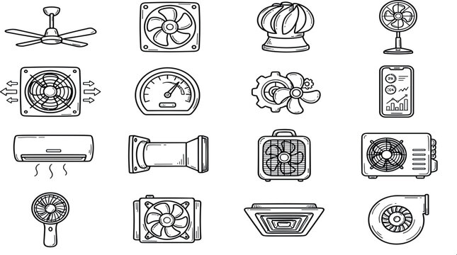 Residential Ventilation Fans and Ductwork Air Conditioning Hand Drawn Doodle Icon Set Featuring Split AC Units, Rooftop Vent Turbines, and Centrifugal Blowers