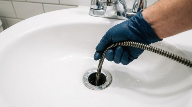 Plumber in gloves using a drain cleaning tool to unclog a bathroom sink with plumbing cleaning maintenance bathroom sanitation