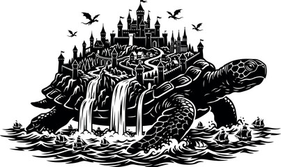 Fantasy Vector Illustration of a Giant World Turtle Carrying a Majestic Castle City with Waterfalls, Dragons, and Sailing Ships in a Mythical Ocean, Epic Mythology Black and White Art © Sadek