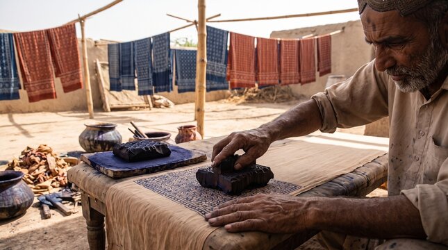 Ajrak Block Printing Artisan Hand Stamping Fabric, Sindh Pakistan