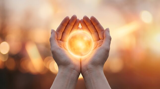 Cupped hands holding a glowing orb of light against a warm sunset background