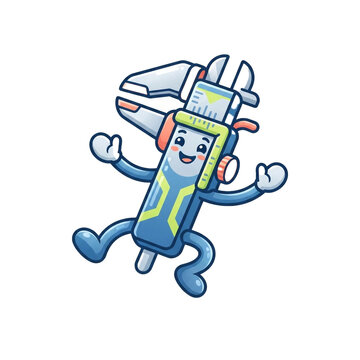 Happy caliper character jumping for joy as a cute industrial mascot