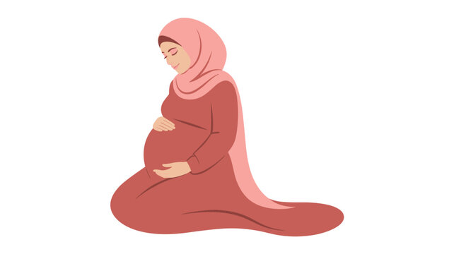 Pregnant Muslim woman in a pink hijab and red dress sits peacefully on the floor, gently cradling her baby bump.