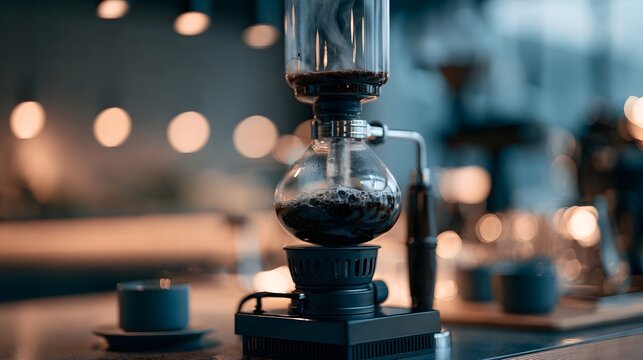 A siphon coffee maker brews coffee on a counter with warm bokeh lights in the background creating an elegant ambiance