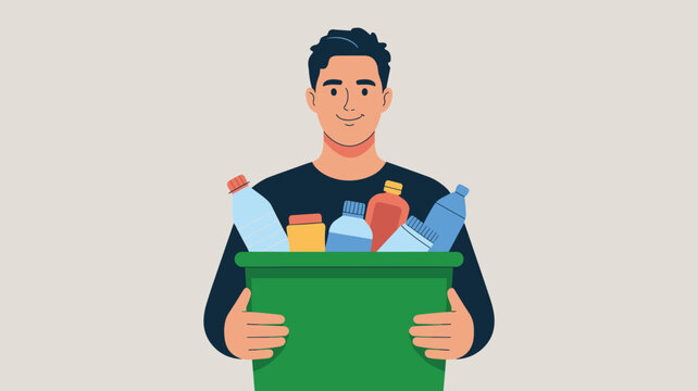 Friendly young man holds a green recycling bin filled with various plastic bottles, promoting environmental care.