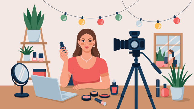 Happy female beauty blogger recording a makeup tutorial video at her desk with professional camera and cosmetics.