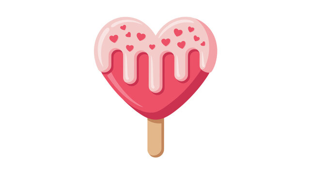 Delicious sweet heart shaped ice cream popsicle with dripping pink icing and cute red hearts on a wooden stick.