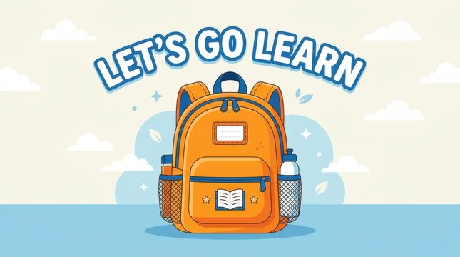 Orange backpack lets go learn lettering, blue clouds book icon, flat design illustration