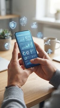 Top View of Mobile Banking App on Smartphone in Modern Office Workspace