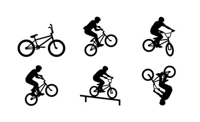 Obraz premium BMX Bike Rider Silhouettes, Extreme Sports Action, Freestyle Cycling Vector Set