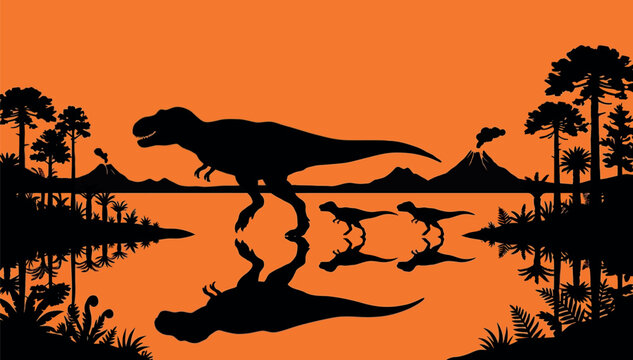 Prehistoric Silhouette Sunset Landscape with Tyrannosaurus Rex and Baby Dinosaurs Walking by Water, Smoking Volcanoes and Tropical Vegetation Illustration for Ancient History Projects.