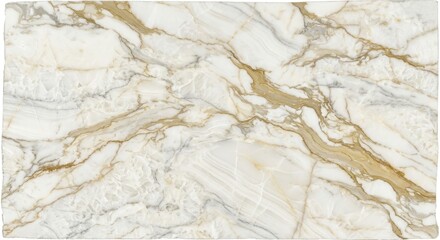 Naklejka premium Ultra realistic premium Italian Calacatta Gold marble slab, pure white base with subtle warm ivory undertones, expansive clean white background, long flowing diagonal champagne gold veins, soft beige 