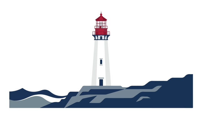 Coastal lighthouse on rocky shoreline with white and red tower and surrounding waves during daytime