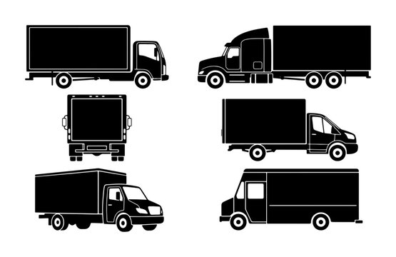 Set of Six Black Truck Silhouettes, Cargo Van and Box Truck Icons, Delivery Vehicle Vector Graphics