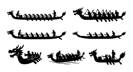 Dragon Boat Racing Silhouettes, Set of 6 Vector Icons, Team Sport Competition © Pritom