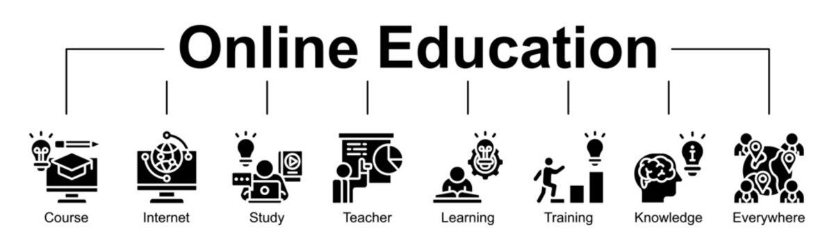 Online Education banner web glyph style icon vector illustration concept with icon of education, online, course, internet, study, teacher, learning, training