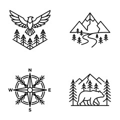 Fototapeta premium Adventure icons including eagle, mountains, compass, and bear.