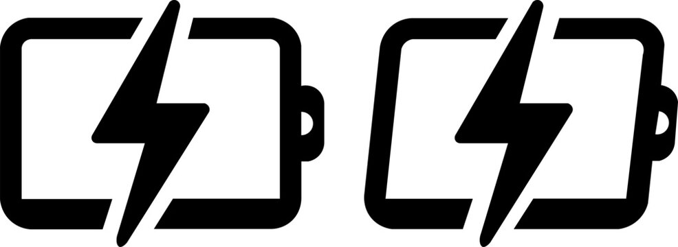 Battery charging icon set. Line outline battery with lightning bolt flash silhouette, power energy level and fast charge speed simple symbols.
