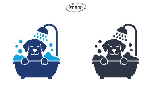 Cute dog taking a bath in a bathtub with bubbles and shower head icon set.