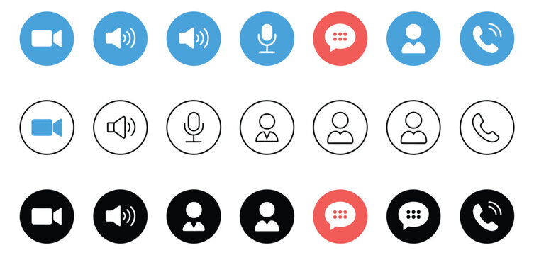 Video call buttons set, internet conversation icons with video communication elements and digital interface vector design