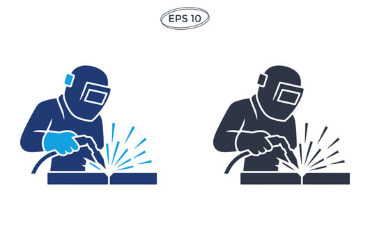 Industrial welder icon set showing worker with protective mask and sparks during metal fabrication process.