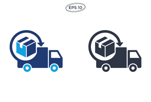Delivery truck icon with package box and return arrow symbol for logistics and shipping services.