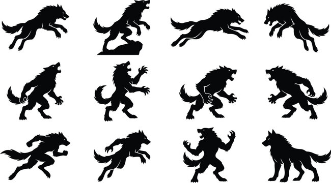 Halloween icon collection diverse werewolf silhouettes for spooky designs