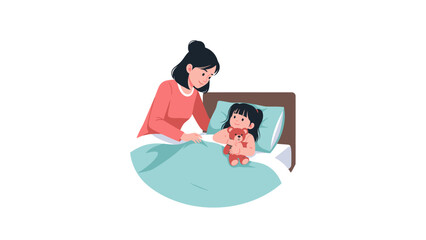 Fototapeta premium Mother Tucking Daughter into Bed with Teddy Bear