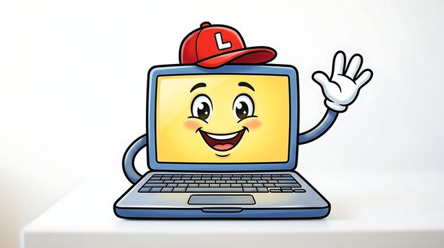 Smiling laptop cartoon character with red cap waving hand