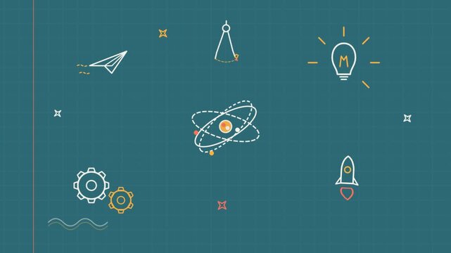 Science animation featuring orbiting atom and lab icons for video.