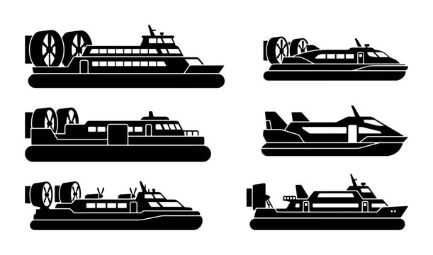Hovercraft Collection, Six Vector Silhouettes of Amphibious Vehicles, Marine Transport Icons